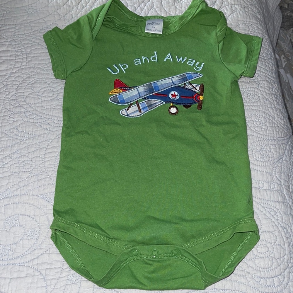 9 months one Piece embroidery & appliqué UP AND AWAY with a airplane.